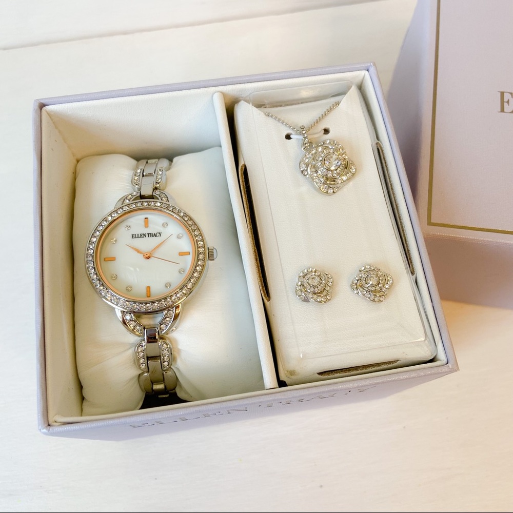 Ellen Tracy watch set, necklace, earrings
